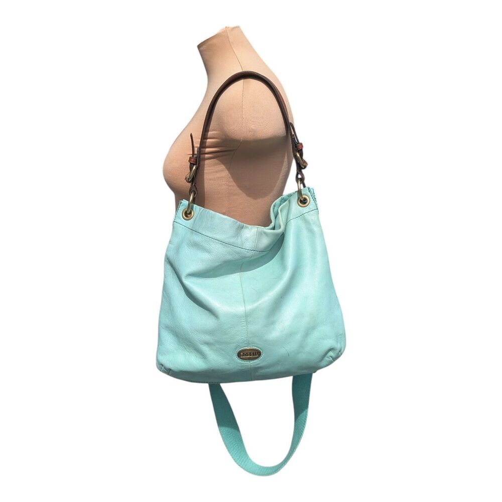 Fossil Vintage Green Leather Crossbody Hobo Bag Brown Trim Slouch Shoulder Purse